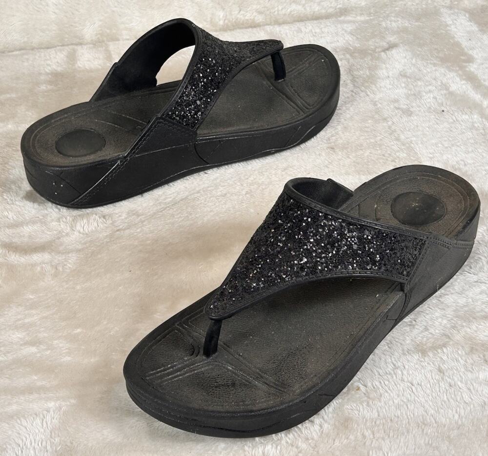 Thong Sandals Womens Sz 8 Black Sparkle Wedge Thong Flip Flop Comfort